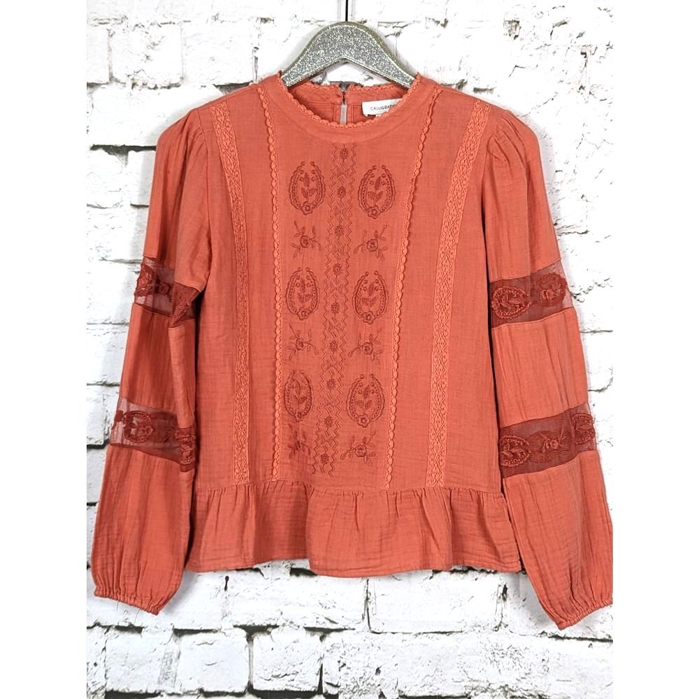 CALLIGRAPHIE Cottage Peasant Indie Embroidered Lace Boho Cotton Top Size XS
